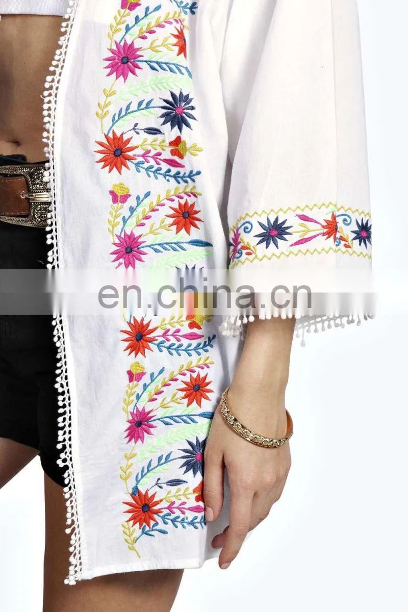 BRIGHT EMBROIDERED KIMONO Latest beach kimono soft cotton fabric embroidered kimono with fringed hem