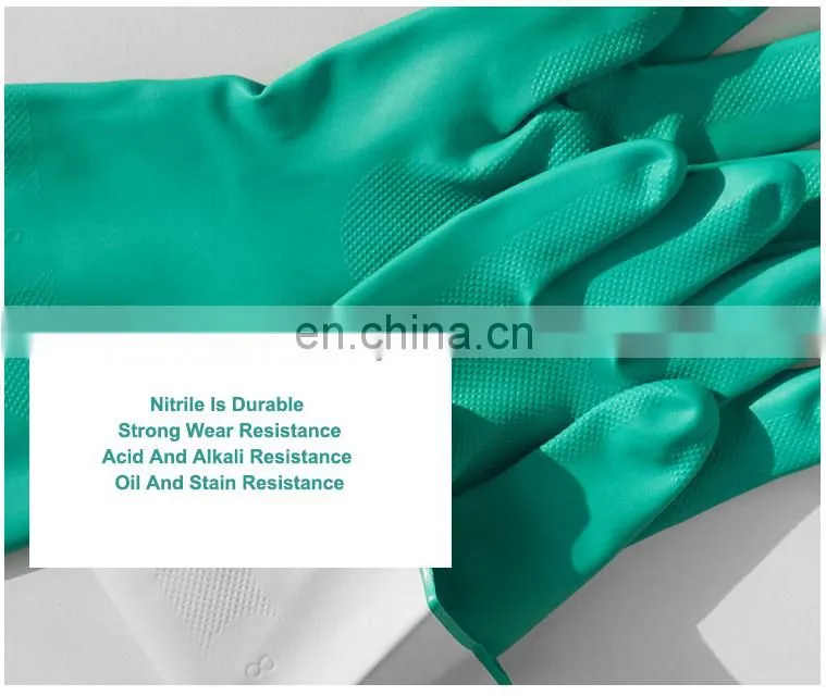 15 mil Long Cuff Flock Lined Green Nitrile Chemical Resistant Gloves for Work Safety