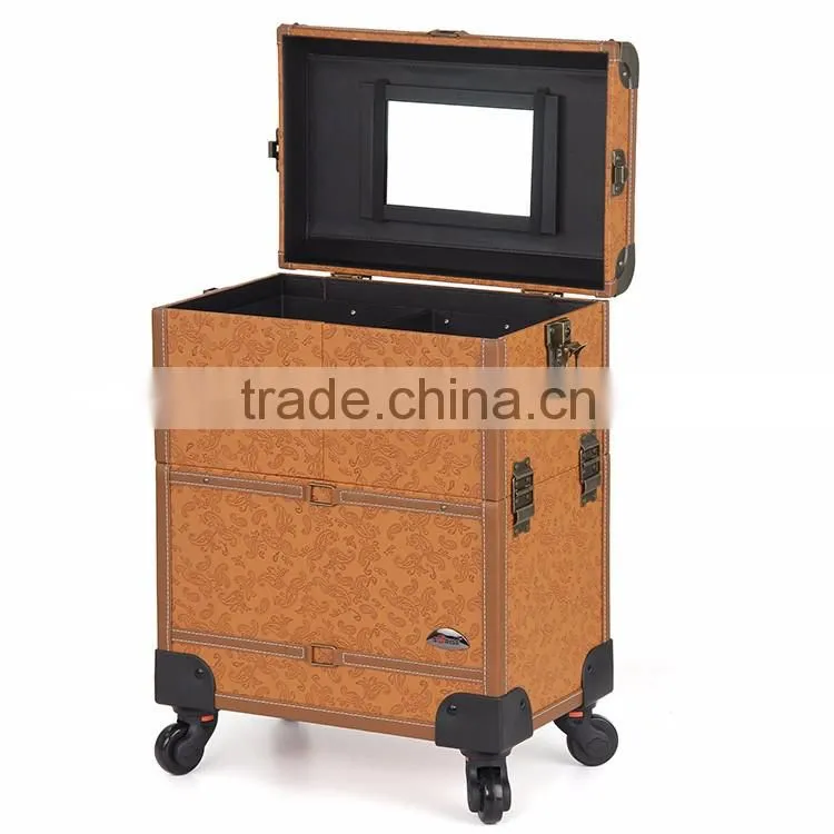 Alibaba New design fashionable makeup organizer cosmetic makeup trolley case with mirror