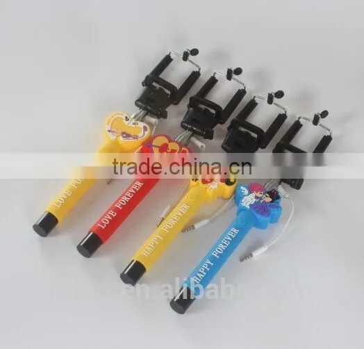 Cute Cartoon Wire selfie stick ,OEM phone holder selfie stick with wire QC24