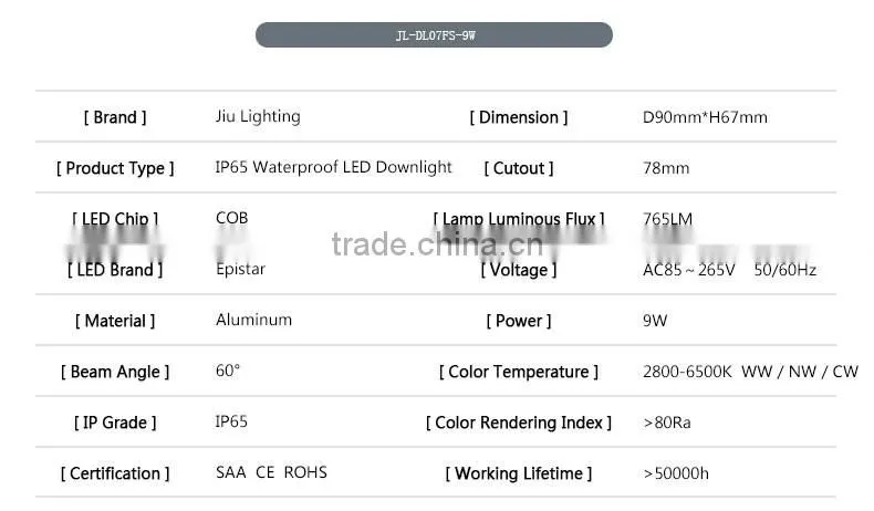 Dongguan COB or SMD LED Downlights Round or Square Shaped 78mm Cutout 9W IP65 Waterproof LED Downlight