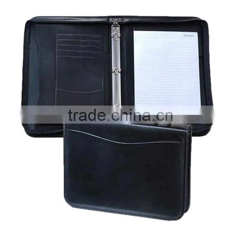 Black 3 Ring Leather Portfolio Binder With Zipper