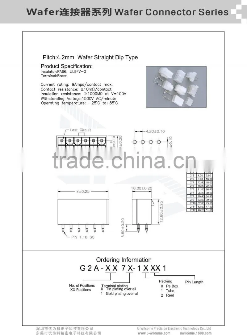 Pitch:4.2mm Wafer Straight Dip Type Electrical Components 6 Pin Connector