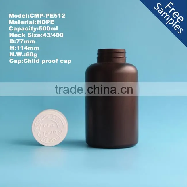 Plastic HDPE medical pill bottle with child resistant cap, 500cc pharmaceutical capsule bottle