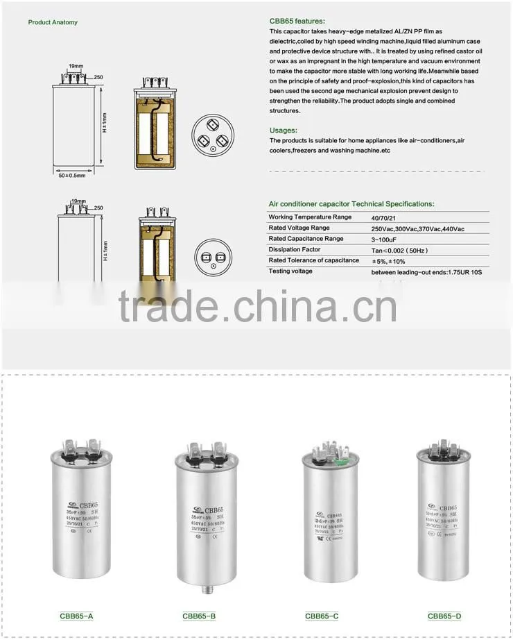 CE CQC Aluminum AC Power CBB65 100uF 450V Air conditioner capacitor