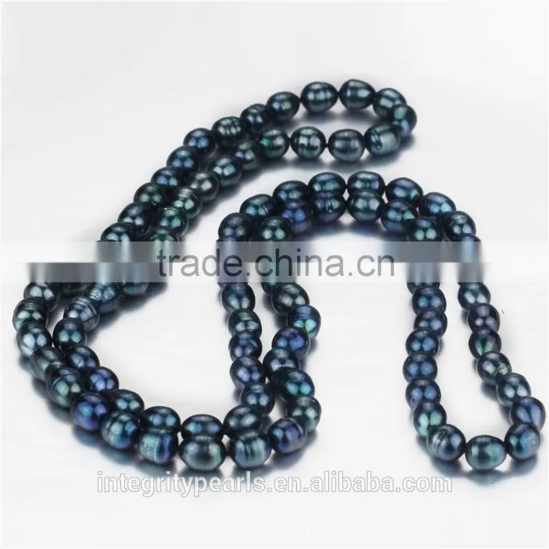 Fashion freshwater pearl necklace 11-12mm peacock blue long rice pearl necklace