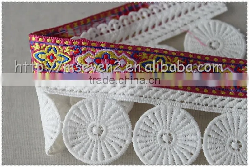 Hot selling fringed polyester jacquard tape, Jacquard tape trim with round tassel for garment