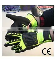 NMSAFETY 13 gauge orange nylon liner sandy nitrile glove with TPR on back mechanic gloves