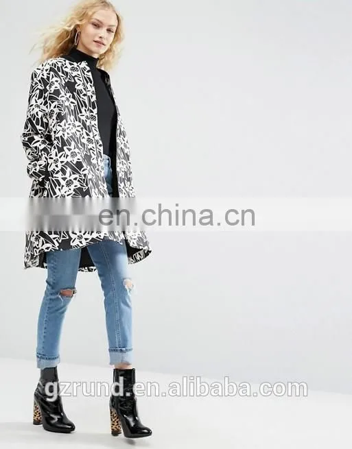 China Supplier Wholesale OEM ODM New Fashion Lady Winter Coat, Black and White Print Floral Satin A- Line Coat With Rib Detail