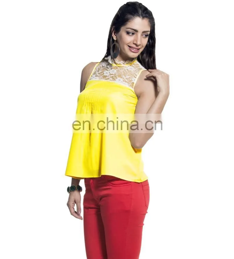 Yellow Sleeveless Lace Yoke Top