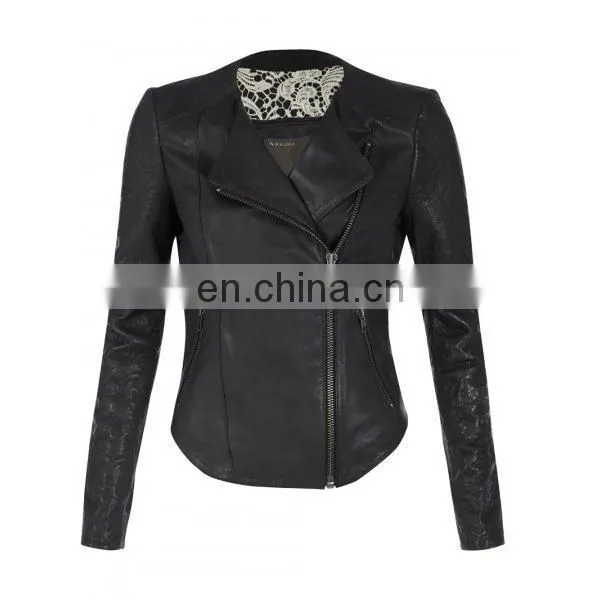 Bhira Black Collarless Brando Style Womens Biker Motorcycle Genuine Leather Jacket All Sizes