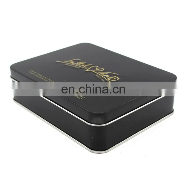 Black colored high glossy varnished chocolate packaging tin box wholesale with PET tray