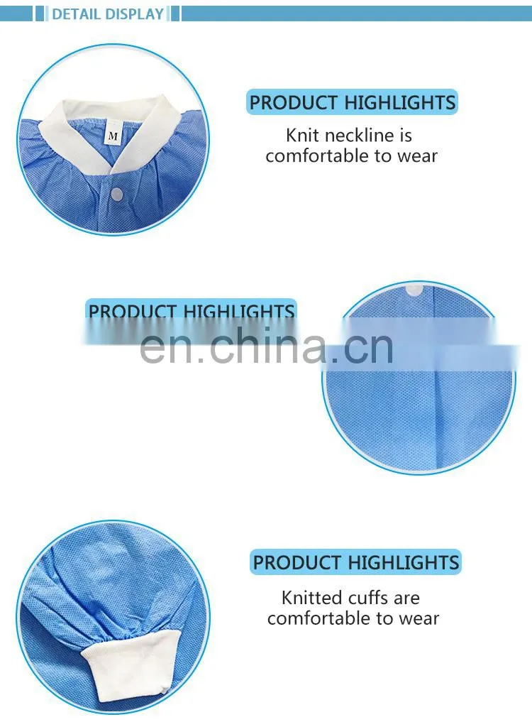 Blue lab coats disposable adult jackets with knit collar & cuff