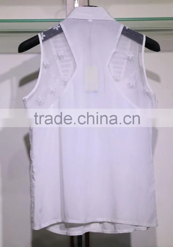 Lily-white sleeveless rayon blouse with lace flowers for women