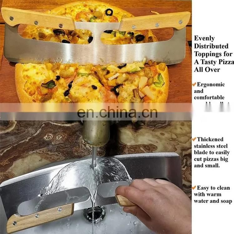 Amazon Hot sell Pizza Cutter Slicer Knife with Double Wooden Handle Stainless Steel Pizza Cutter Pizza Tools