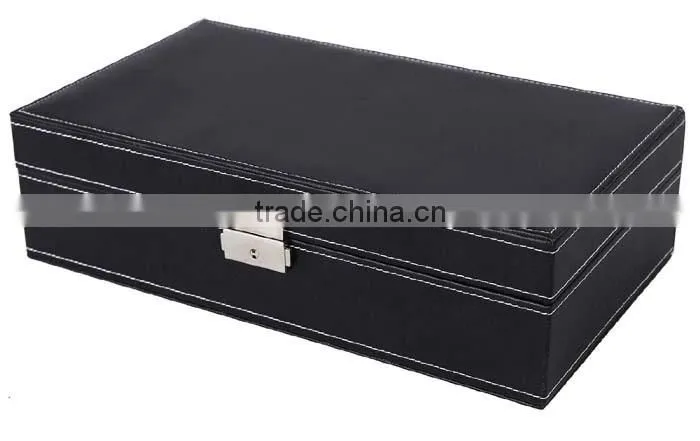 Black Leather Jewelry Box Watch Organizer Storage Case with Lock & Mirror