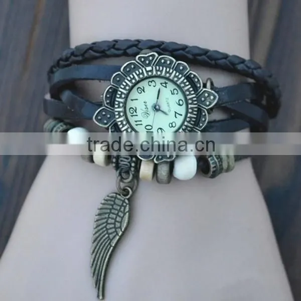 alibaba express Quartz watch F-05 for girls with Wing pendant,leather strap, bronzed watch case