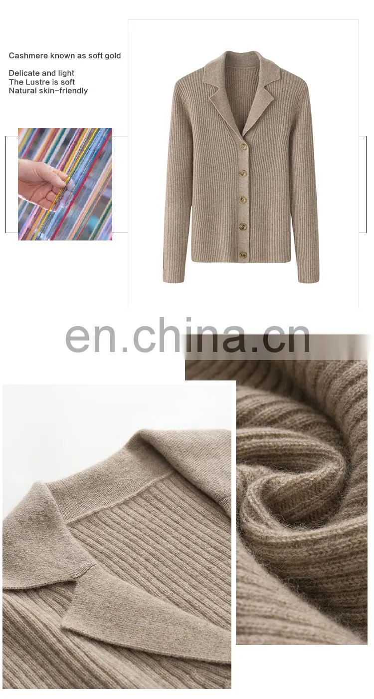 Women's Ribbed Knitted Winter Shirt Slim Fit Cashmere Cardigan with Button Decoration Formal Solid Pattern Factory Wholesale