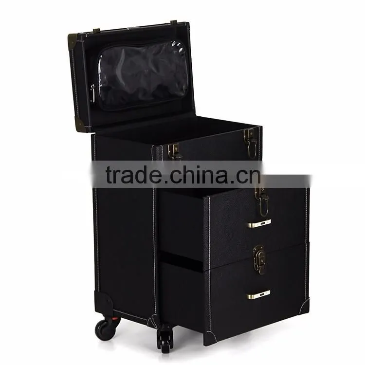 Professional Rolling Makeup Case 2 in1 Mutifunctional PVC Trolley Cosmetic Case With 360 Degree Wheel