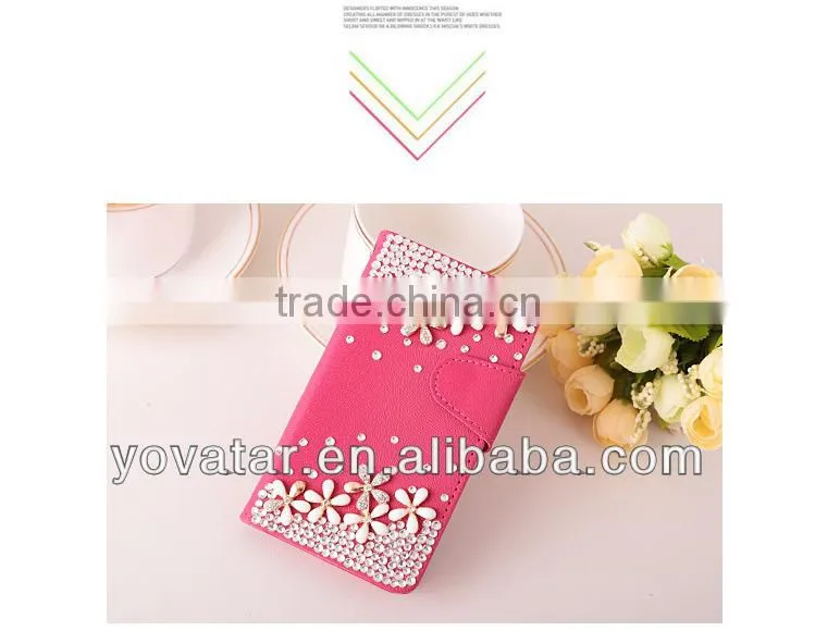 2014 New design pearl diamond card holder pu leather wallet case for iphone5