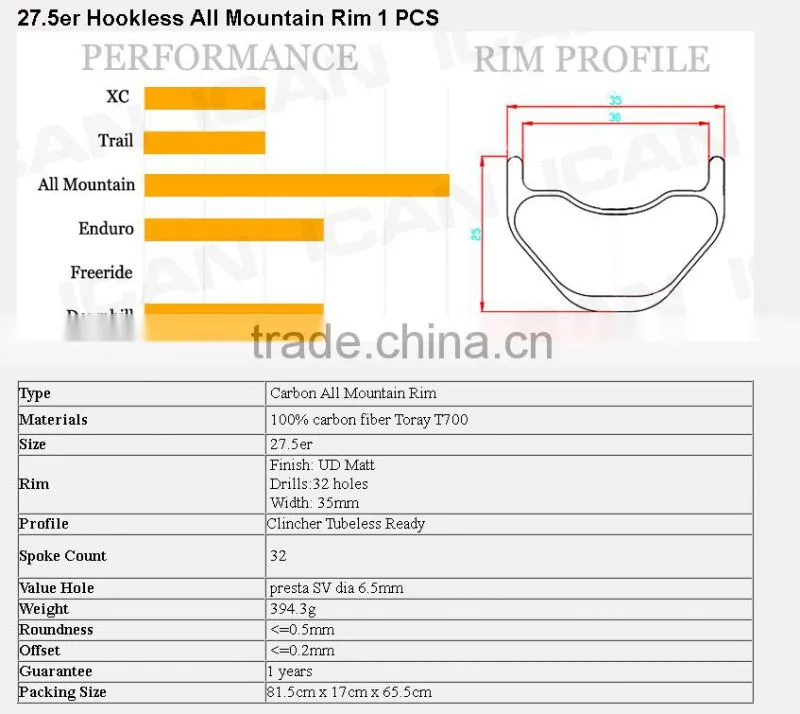 Rim 650B carbon clincher bike MTB tubeless wheel 27.5er all mountain rims stiffness
