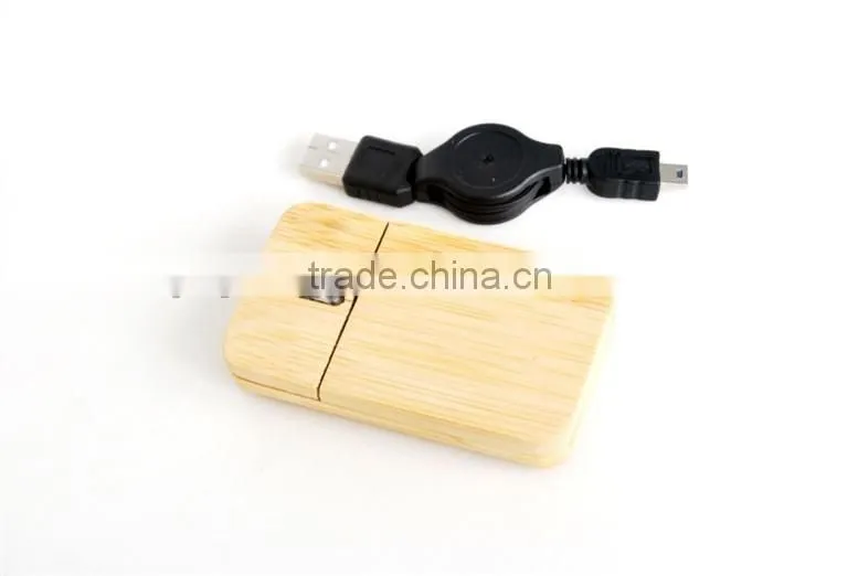 usb wired flat bamboo mouse with retractable cable