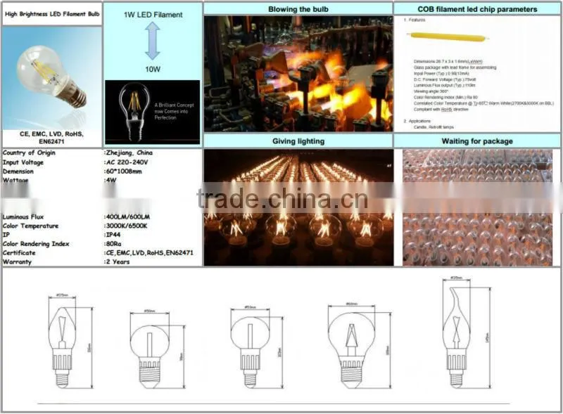 2015 Newest Design Hot Sale 6w 8w LED Filament Bulb , Dimmable LED Filament Lamp Led Bulb