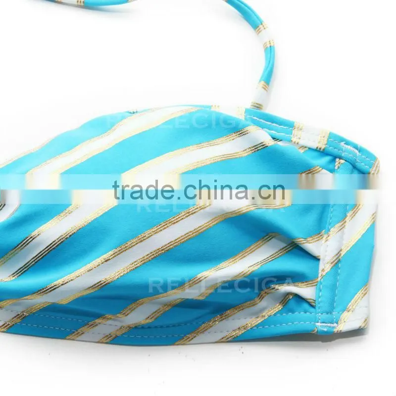 RELLECIGA Sexy Girls Swimwear Blue Metallic Stripe Full-Lined Bandeau Bikini Set with Removable Padding