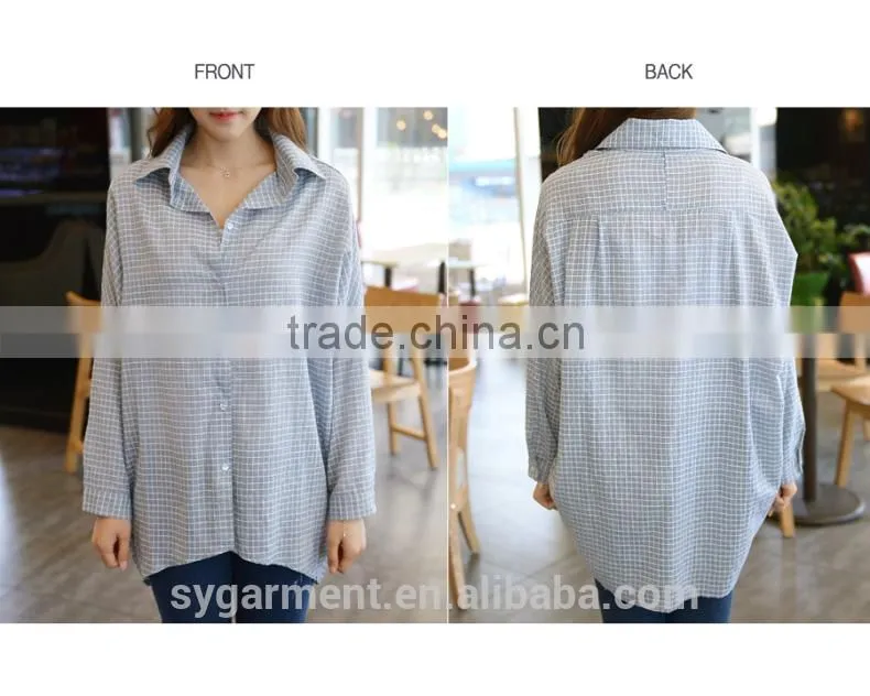 Women's fashion sky blue color plaid shirt lady blouse