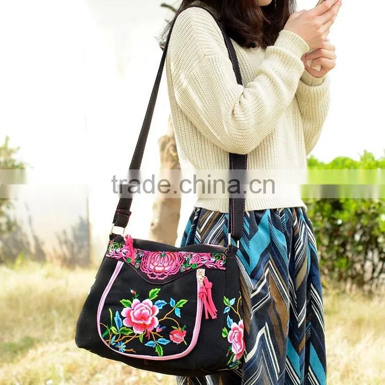 New fashion peony flower embroidery shoulder bag/messenger bag canvas Shoulder Bag For women