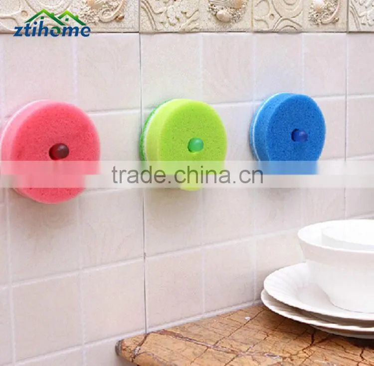 Kitchen Multicolor Double Sided Cleaner Dishwashing Round Sponge Pads with Suction Cup Pack