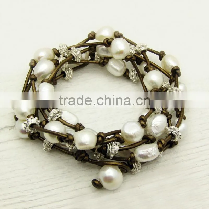 leather knotted bracelet with pearl and birthstone, friendship bracelet, wrap bracelet, bead charm leather bracelet