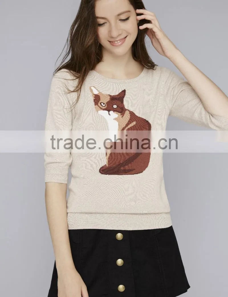 100% Cotton Knitted With Pattern Pullover Ladies Sweater