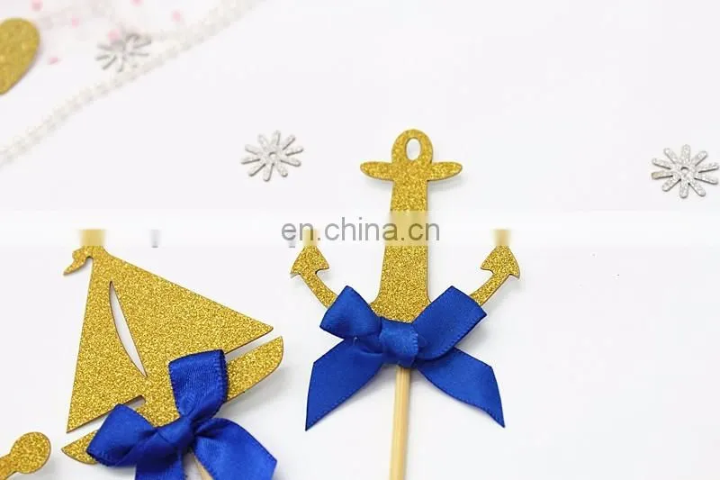 Sea Theme Gold Glitter Topper with Blue Bow Cake Decoration