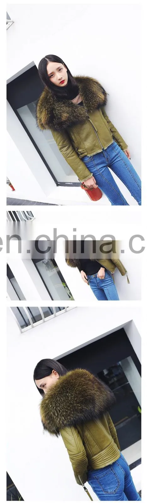 High Fashion Red Real Leather Jackets for Women / Raccoon Fur Collar Leather Jacket Made in China