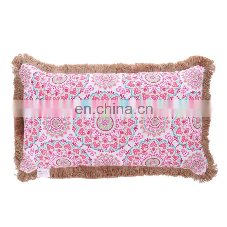 Custom Made Decorative 3D Printed Pink Flowers Outdoor Bench Waterproof Throw Pillow Cushion with Jute Fringe