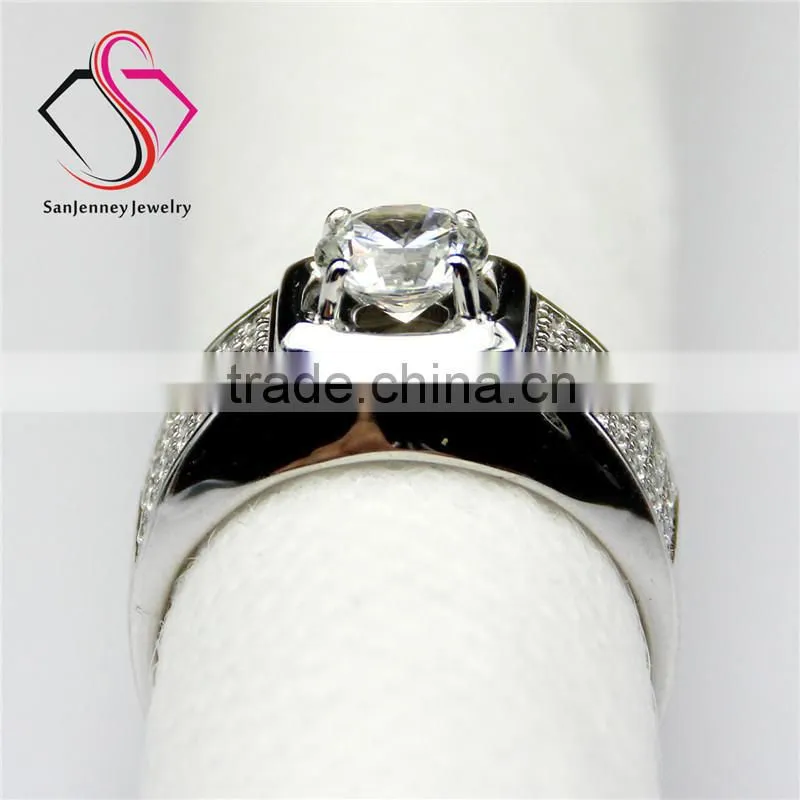 Round Brilliant Cut Moissanite 1CT 6.5mm Center 14k 18k White Gold 4 Row Accents Wide Wedding Band Men's Diamond Band