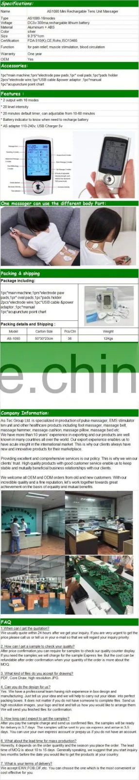 Mini Digital Tens Unit electronic muscle stimulator 16 modes massager AS1080