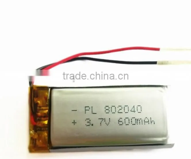 Rechargeable Li-polymer Battery 802040 600mAh 3.7V With PCM for Light