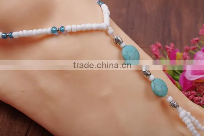 Gemstone Turquoise Beads Pearl Barefoot beach sandals Bridal diamante anklet