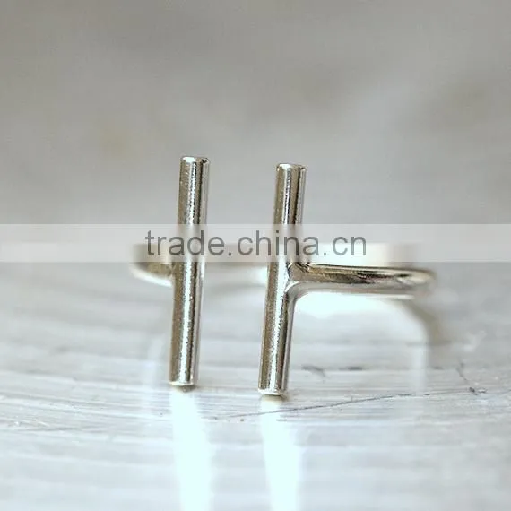 Unique Pave Rose Gold Vertical Bar Ring Sterling Silver