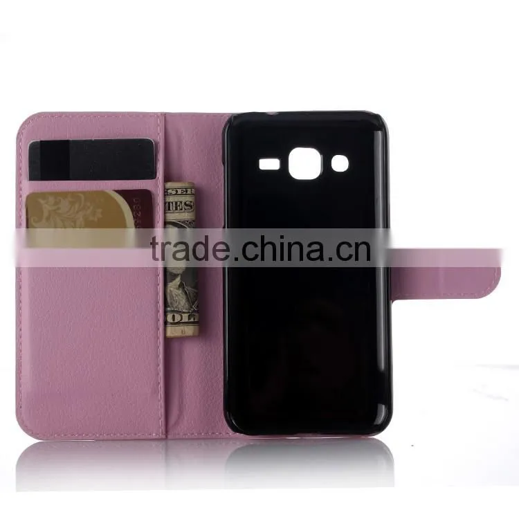 Factory Price Lichee Leather Pouch Wallet Case Folio Stand Cover for Samsung GALAXY J2 J200