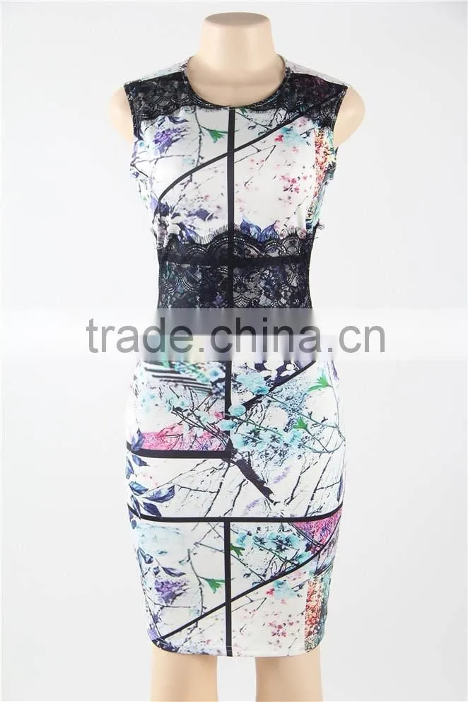 Ready stocklot floral print knee length fashion women hot sale bodycon midi dress