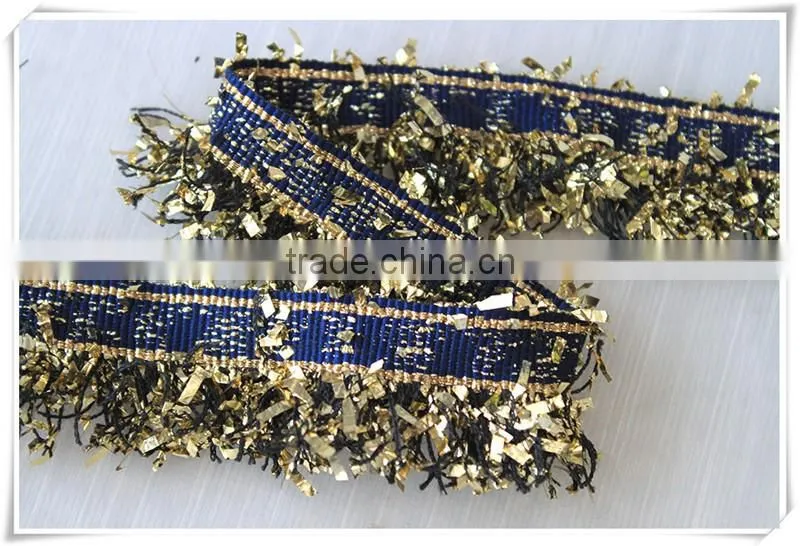 China fancy novelty metallic blue tape with gold lurex tassel fringe trim