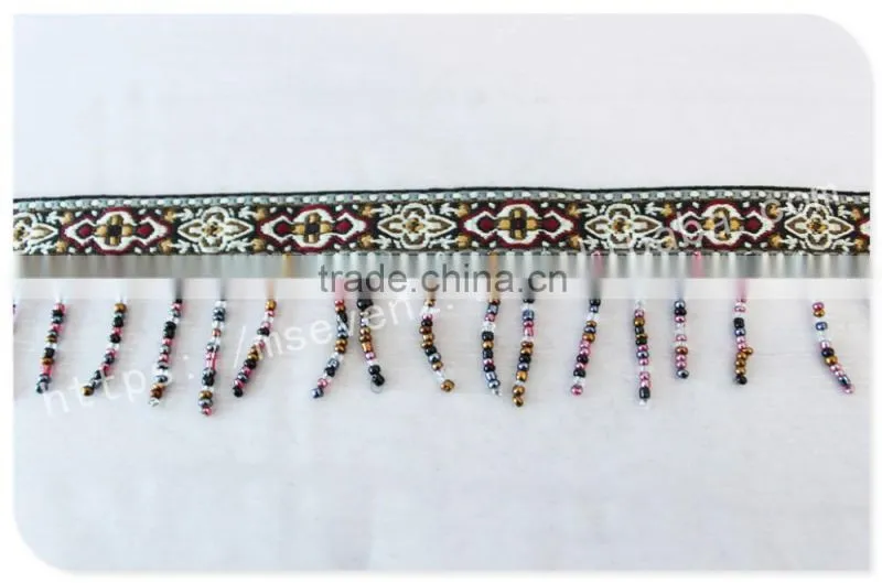 Newest design 5 cm width ethnic embroidery nylon webbing with beaded fringe