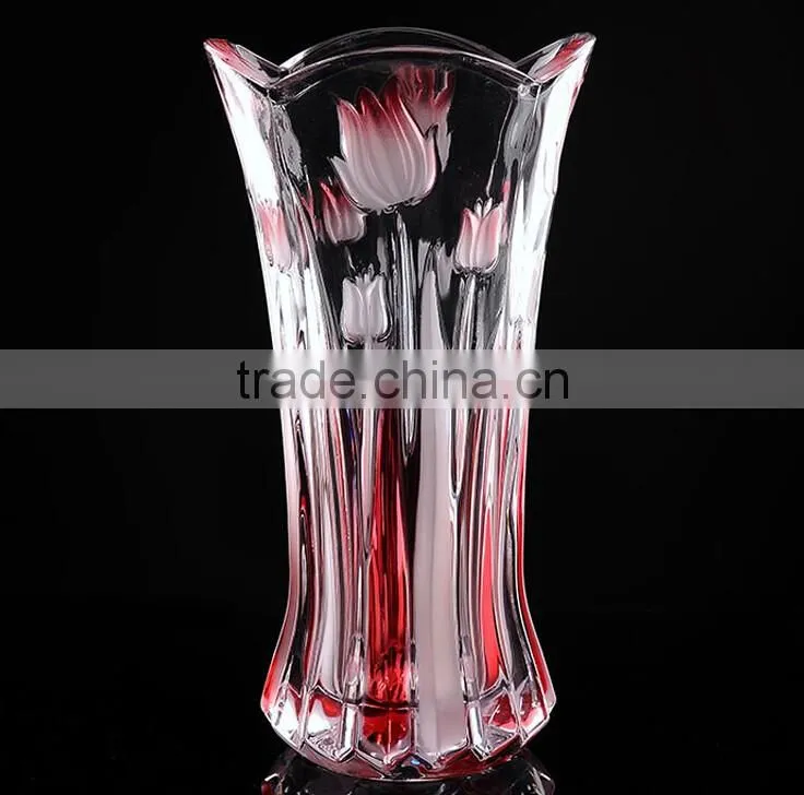 Beautiful elegant glass vase with flower embossed, glass jardiniere ,glass bottle