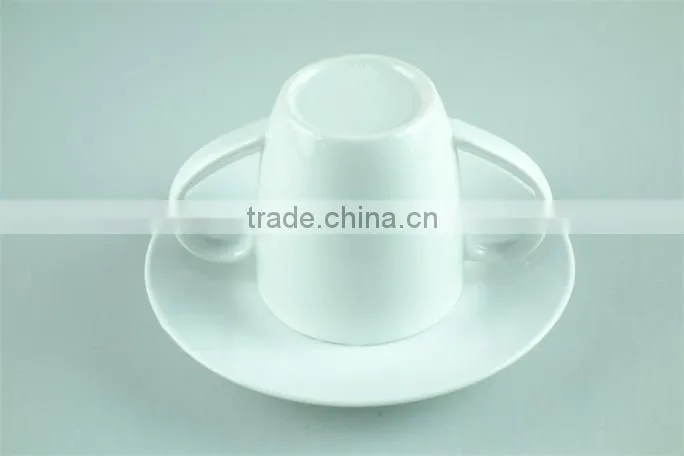 White porcelain cup saucer double handles , stock cups chaozhou factory Sanbo