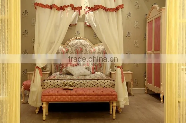 European style antique ivory color and pink hand drawing children wooden carved girl princess bed with canopy - BF07-70357