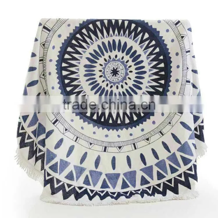high quality promotional custom 100% cotton round printed tassel beach towel