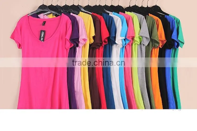 New Fashion Stretch Summer Women T Shirts Ms Solid Color Short Sleeve 100% Cotton v neck t shirt Women's Blank V-Veck T-Shirts